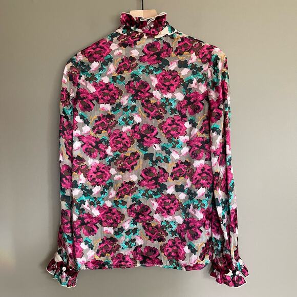 SALONI Emile Floral‎ Print Button Front Silk Top In Blossom Cloudy Rose Size 0 - Picture 14 of 16